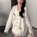 Disainitunnetusega V-kaelusega kootud kardigan kampsun naiste mitmek&uuml;lgne s&uuml;gis-talv pehme kleepuv temperamendiga laisa stiili top kampsun jakk one size valge