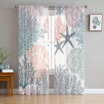 Sinised Merekorallid Karbid Merit&auml;htedega L&auml;bipaistvad Kardinad Elutoa Kaunistuseks Aknakardinad K&ouml;&ouml;gi T&uuml;ll Voile Organza Kardinad W135 x H115cm x1&Rod Pocket white