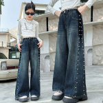 Mood Teismeliste T&uuml;drukute Denim Laiade S&auml;&auml;rtega P&uuml;ksid Laste P&uuml;ksid Kevad S&uuml;gis T&uuml;druku K&uuml;lg P&auml;rlitega Disain Jeansid 5-14 Aastat Laste Riided 160 sinine
