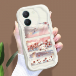 Armas koomiksimustriga kreemjas tekstuuriga korpus, lainelise servaga pehme silikoonkaanega telefoni&uuml;mbris Vivo jaoks Vivo V29 Pro 5G puhas