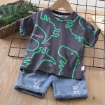 Poiste riided Suvine Mood Meeskonnakaelus Laste Spordidress Dinosaurus T-s&auml;rk Denimp&uuml;ksid &Uuml;likond Laste Riietus 1-5-aastastele poistele 80