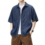 Meeste l&uuml;hikeste varrukatega puuvillane s&auml;rk Suvine n&ouml;&ouml;bitav rev&auml;&auml;riga teksas&auml;rk taskutega, vabaaja rannar&otilde;ivaste top XXL tumesinine v&auml;rv