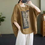 Naiste Suvine Puuvillase Linu L&uuml;hikeste Varrukatega T-s&auml;rk Pluss Suurus Harajuku &Uuml;mara Kaelusega Vabaaja Vintage Tr&uuml;kiga Topid XXXXL