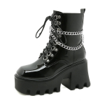 Mustad gooti naiste kingad S&uuml;gisesed naiste pahkluusaapad K&otilde;rged kontsad Seksikas kett Punk stiilis Lakknahast saapad Peole Zipperrd5 35