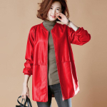 Suur suurus 7XL Naiste kevadine keskmise pikkusega nahkjakk Korea stiilis lahtine pesapalli vorm PU nahkjakk Tuulejakk 5XL punane