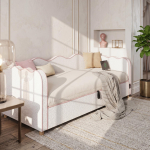 P&auml;evavoodi 90x200 cm h&uuml;draulilise panipaiguga, polsterdatud voodi, p&auml;evavoodi, diivanvoodi USB-ga ja seljatoega, boucl&eacute;, beež 216 x 102.5 x 74.5 cm beež