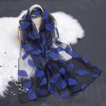 Kevad-suvi uus p&auml;ikesekaitsekreem siidist sall L&otilde;igatud lilledega sall Rose Jacquard sall Silk Organza Leaves-Sapphire Blue