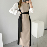 Vintage kevad-s&uuml;gis naiste pikk kleit O-kaelusega t&auml;isvarrukatega n&ouml;&ouml;riga plaastriline naiste kampsun-kleit &otilde;huke kootud Vestidos 2021 One Size beež/must