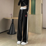 P&uuml;ksid Naiste Plus Size K&otilde;rge v&ouml;&ouml;kohaga lips Elastsed sporditriibulised p&uuml;ksid Naiste Retro sirged vabaaja laia s&auml;&auml;rega p&uuml;ksid L must