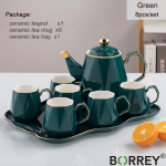 BORREY Briti teekomplekt Keraamiline teekann teetass koos teealusega portselanist kohvitass kruus Teetime teekann lille tee veekeetja kohvikann Green (8pcs) gray