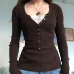 Y2k pitsn&ouml;&ouml;biga T-s&auml;rk Fairycore Armas Retro Crop Top Contrast Naiste Harajuku S&uuml;gispullovers Basic Kootud T-s&auml;rk Korea Esteetiline S pruun