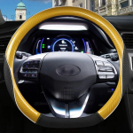 for Hyundai KONA Electric Kauai Encino 2017~2022 Car Steering Wheel Cover Microfiber Leather + Carbon Fiber Auto Accessories D shape Yellow white