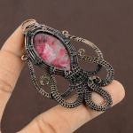 Natural Octopus Rhodonite Gemstone Copper Wire Wrap Gift Pendant 3.35 p9g36