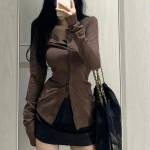 Deeptown Vintage naiste pluusid Korea stiilis pikkade varrukatega seksikas Harajuku mood Elegantsed naiste s&auml;rgid Kontori Daami Esteetiline S pruun