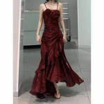 Korea vintage sametist pikk kleit naiste luksuslik &otilde;huke merineitsi spagetirihmaga lilleline kleit Elegantne seksikas vabaaja &otilde;htukleit S punane