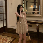 Prantsuse litritega 2000. aastate vintage Y2k kleit naiste rannastiilis varrukateta minikleit 2024. aasta suvine uus, &otilde;huke, isegi pidulik l&uuml;hike kleit S aprikoosi