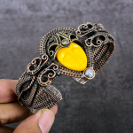 Natural Cameo, Moonstone Gemstone Copper Wire Wrap Cuff Bangle Adjustable m4t59