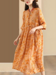 Johnature Naiste vintage kleit, prinditud lilleline kvaliteetne alus, poolvarrukas, Hiina stiilis riie, suvekleit One Size oranž