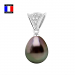 Compagnie G&eacute;n&eacute;rale des Perles - Pendentif Diamants 0.10 Cts V&eacute;ritable Perle de Tahiti Poire 9-10 mm Or Blanc 18 Cts - Bijou Femme
