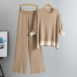 Naiste Suurus Plus Kootud S&uuml;gis Slim Pikkade Varrukatega Nahkhiire Topp Laiade S&auml;&auml;ristega P&uuml;ksid Kaheosaline Komplekt one size khaki