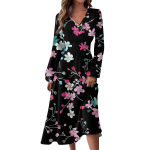 Naiste s&uuml;gis- ja talvine vabaajamoodne V-kaelusega pikkade varrukatega pikk kleit L