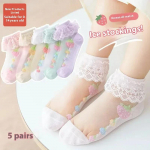 5 paari pitsiga beebit&uuml;drukutele lastele pahkluu pitsi volangidega printsessi v&otilde;rk l&uuml;hikesed sokid &uuml;li&otilde;hukesed hingavad v&otilde;rksokid, maasikas 0-2years (8-12cm)