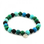 Pierres et Min&eacute;raux. Bracelet Perles Chrysocolle + Malachite + Turquoise + Agate noire 8 Fabriqu&eacute; en France.