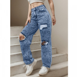 Naiste Rebitud Auguga Streetwear Denim-teksap&uuml;ksid Daamide Tavaline Sirge Pikk P&uuml;ksid Pantalones de mujer S sinine