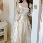 Prantsuse Elegantne Ruudukujulise Kaelusega Vaba Kleit Naised Vintage Pikkade Varrukatega Paleestiilis Kleit Esteetiline Peokleit Pikk S&uuml;gis Talv L aprikoosi
