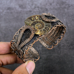 Ammonite Fossil Handmade Copper Wire Wrap Cuff Bangle Adjustable z6n84