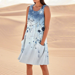 Naiste tr&uuml;kimustriga kleidid, lahtised rannapuhkuse vabaaja varrukateta p&auml;ikesekleidid taskutega, maika kleit L sinine