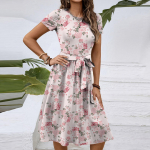 Naiste moekas retro mustriga tr&uuml;kiga v&auml;rviplokiga v&ouml;&ouml;ga vabaaja kleit L roosa