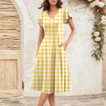 Naiste suvine mood V-kaelusega volangvarrukatega retro elegantne midi kleit XL kollane