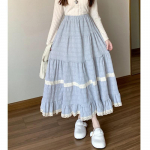Prantsuse elegants suvine sinine ruuduline pits &uuml;hendav armsad armsad seelikud Vintage Mori Girl Y2k k&otilde;rge v&ouml;&ouml;kohaga A-line pikk seelik naistele L