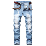 2024 Euroopa ja Ameerika meeste rebenenud aukudega v&ouml;&ouml;kohaga sirge s&auml;&auml;rega &uuml;lem&otilde;&otilde;dulised slim fit teksad trendikad sinised denim p&uuml;ksid 28