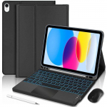 Klaviatuurikate iPad A16 jaoks (11 ) / iPad 10 (10,9 ) Must PU Nahk Taustvalgustusega Klaviatuuri + Hiire + Stylusega