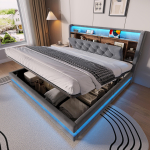 160 &times; 200 cm polsterdatud voodi panipaiguga, sametine voodi multifunktsionaalse peatsiga, LED-valgustus, 2 USB ja Type-C porti, h&uuml;drauliline, tumehall tumehall v&auml;rv