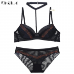 DKGEA Fashion Halter seksikas aluspesukomplekt naiste pitsist Push Up rinnahoidja paks rinnahoidja 70B must