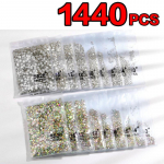 1440 tk/pakk Glitter Rhinestones Crystal White AB V&auml;rv Non Hot Fix FlatBack Strass &Otilde;mblus ja kangas R&otilde;ivas Rhinestone Nail Art Stone 9 suurust SS20# valge