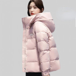Moodne ja avar paksendatud talvine l&uuml;hike Korea stiilis soe puuvillane polsterdatud mantel naistele L roosa