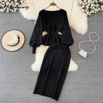 Korea moe s&uuml;gistalv naiste 2 tk komplekt O kaela laterna varrukatega kootud pullover + pliiatsiga Midi seelik Elegantne kontorinaise soe kost&uuml;&uuml;m One Size must