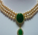 3 rida roosa p&auml;rli smaragd-jadekristallripatsiga kaelakee