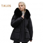 Talvine naiste puuvillane jope karvane kapuuts, paksendatud pl&uuml;&uuml;s pikkade varrukatega, elastsed v&ouml;&ouml;taskud lukuga suletav mantel keskmise pikkusega tuulekindel soe mantel M kohv