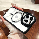Magnetiline juhtmevaba laadimistelefoni &uuml;mbris iPhone 15 Pro Max 16 Pro 14 13 12 11 jaoks Magsafe Funda Kickstand objektiivi kaitsekatte jaoks iPhone 16 must