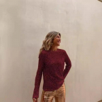 Kevad-s&uuml;gismood, pikkade varrukatega, &uuml;mmarguse kaelusega, litritega v&otilde;rkkangas Pulloverid ja pikad varrukad (naiste omad) S burgundiapunane