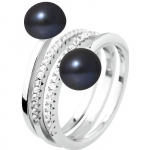 PERLINEA - Bague Toi & Moi V&eacute;ritable Perle de Culture d'Eau Douce Bouton 7-8 mm Black Tahiti - Argent 925 Milli&egrave;mes - Bijou Femme