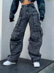 T&auml;nava hipstereid &otilde;mmeldud mitmetaskulised p&uuml;ksid, stiilsed k&otilde;rge v&ouml;&ouml;kohaga sirge s&auml;&auml;rega l&otilde;dvad vabaaja denim laia s&auml;&auml;rega p&uuml;ksid S hall v&auml;rv
