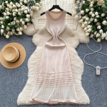 Hotsweet O-kaelusega halter seksikas varrukateta &scaron;ikk kootud &uuml;hendatud v&otilde;rguga slim kleit pikk kleit prantsuse &otilde;htu t&auml;navamood naister&otilde;ivad One Size aprikoosi