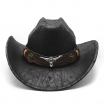 Sarvnahast rihm seemisnahast tekstuuriga l&auml;&auml;ne kauboim&uuml;ts meeste ja naiste vintage suure r&auml;&auml;staga jazzm&uuml;ts M（56-59cm）