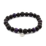 Pierres et Min&eacute;raux. Bracelet Perles Oeil de Tigre violet + Lave + Agate noire 8 mm. Fabriqu&eacute; en France.